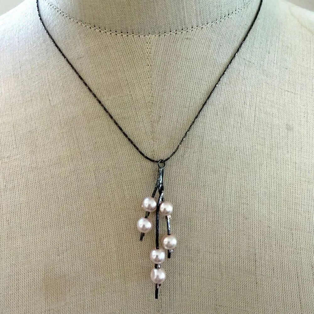 RMG 18K RGP Faux Pearl Drop Necklace Gunmetal Chain